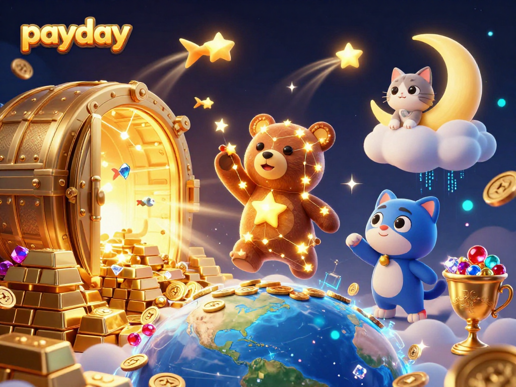 Score big with payday loans as a constellation bear scoops coins in a vibrant 3D illustration.