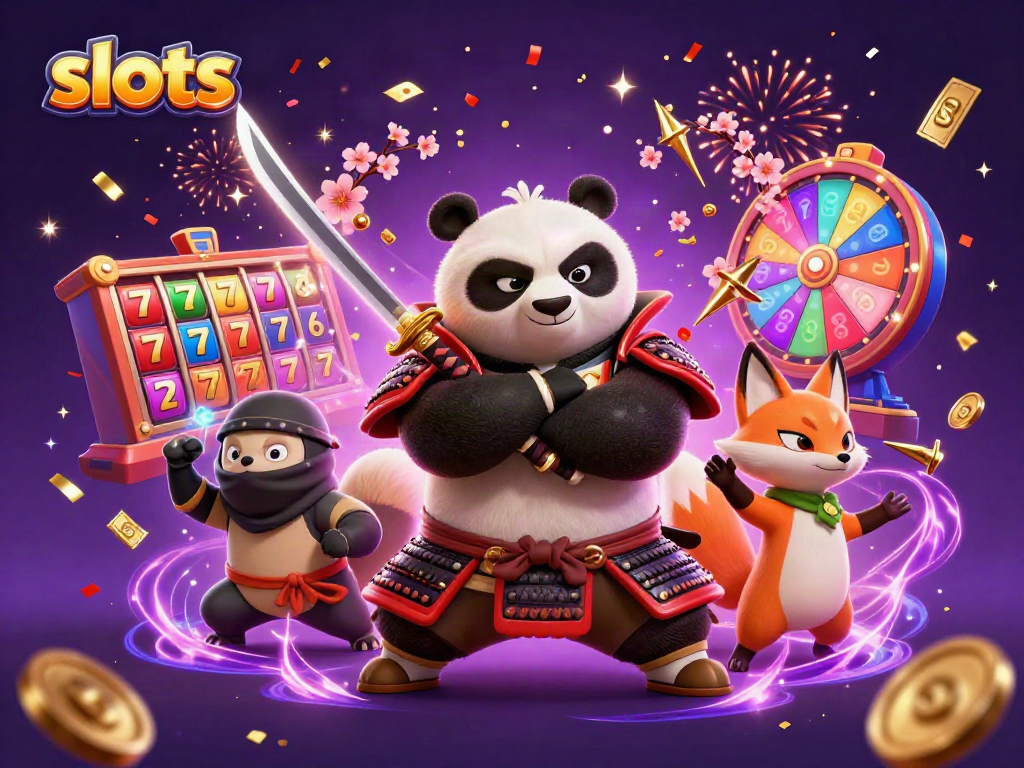 Engage in exciting slots gameplay with a dynamic samurai panda and ninja fox in a vibrant casino setting.