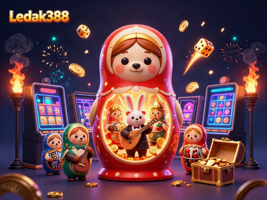 Experience the thrill of winning with Ledak388's dynamic casino scene featuring animated characters.