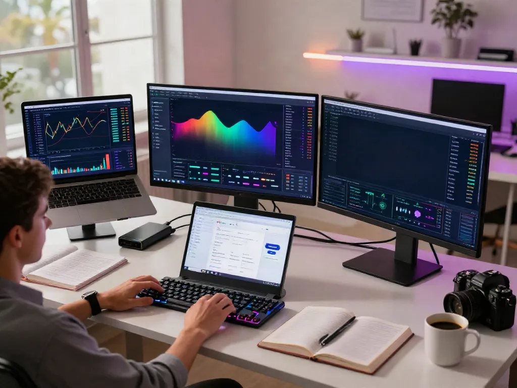 Dynamic workspace showing股票API trading charts and DeFi platform analytics in a modern office.