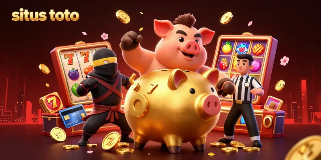 Situs toto showcases thrilling gameplay featuring a golden piggy bank sumo wrestler amidst vibrant slot reels.