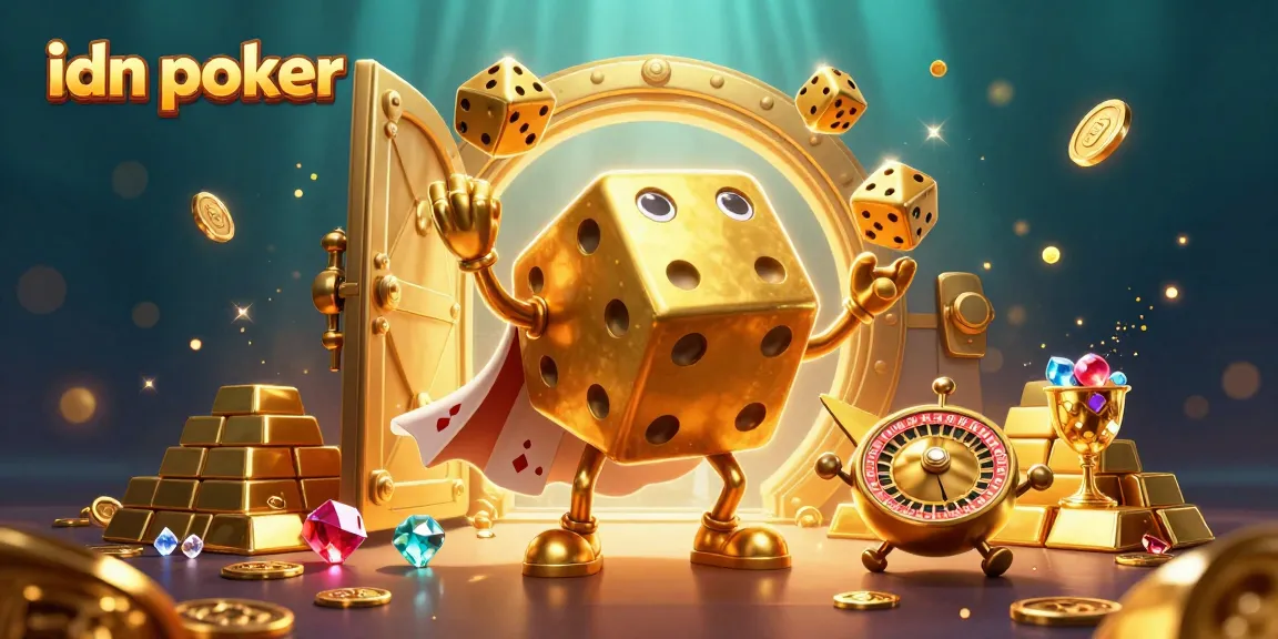 Engage in thrilling idn poker action with a dynamic scene of a golden dice golem and casino elements.