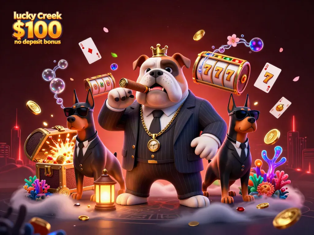 Claim the lucky creek $100 no deposit bonus while enjoying a bustling casino scene with vibrant characters.