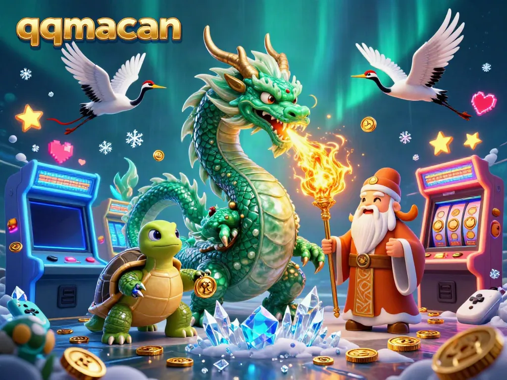 Play engaging games on qqmacan with an emerald dragon and colorful arcade machines.