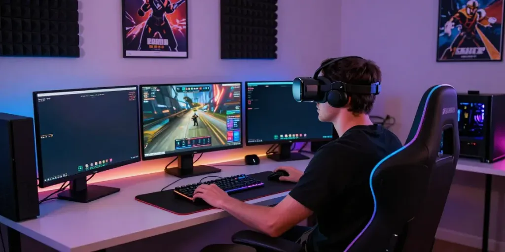 Player immersed in an engaging game online with futuristic VR equipment and vibrant screens in 2026.