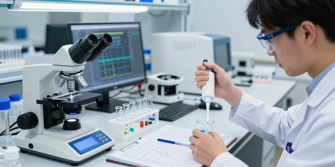 Researcher studying GLP-3-RT in a bright laboratory with precise instruments.