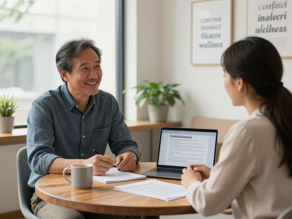 Financial counselor discussing consolidation strategies with a client in a warm office setting.