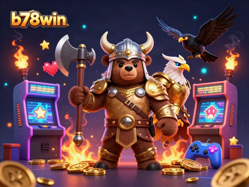 b78win showcases a vibrant casino environment with a Viking bear and Valkyrie eagle, surrounded by thrilling gaming elements.
