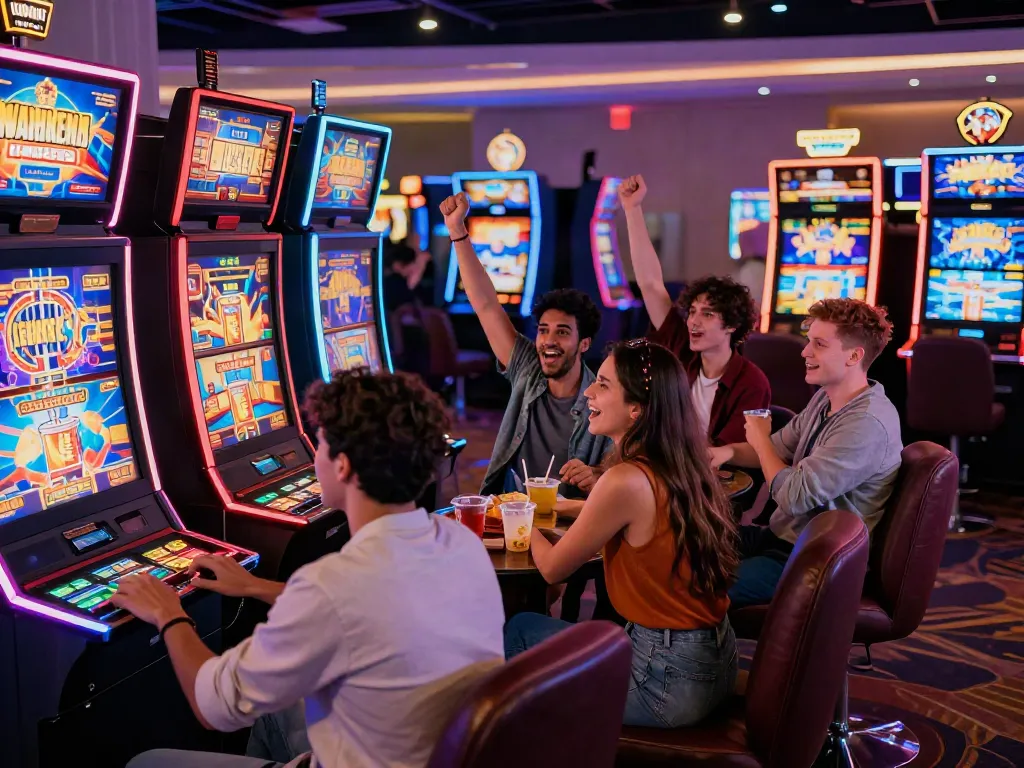 Friends enjoying สล็อต games at a lively casino, showcasing excitement and vibrant atmosphere.