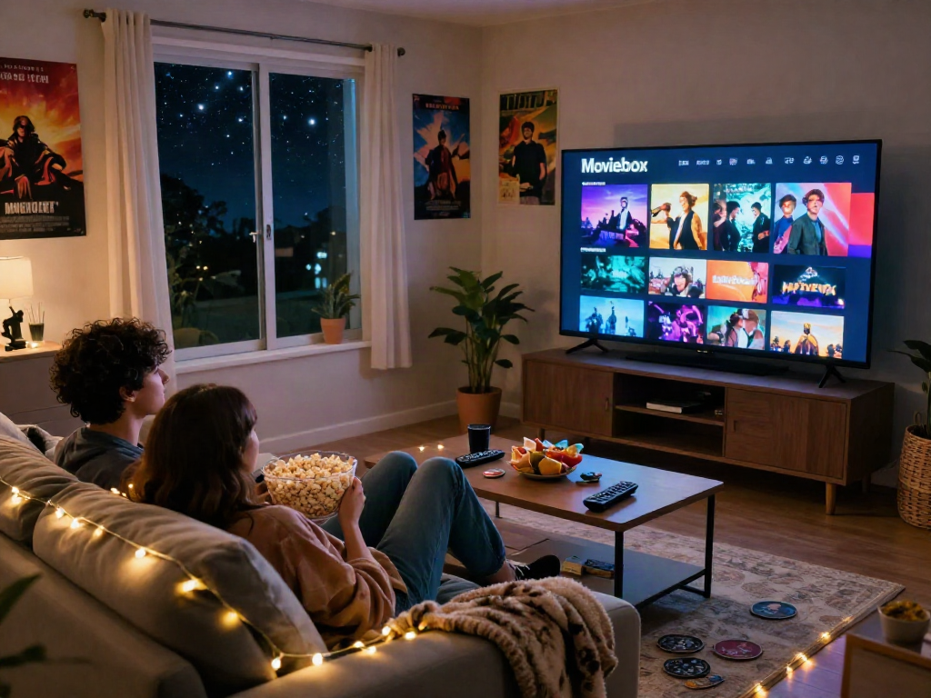 Cozy living room scene with couple watching Moviebox on TV, popcorn, and ambient lights.