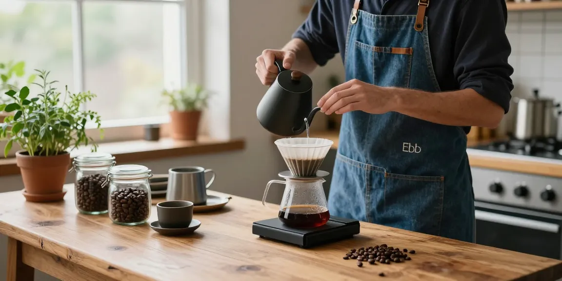 Brewing coffee using Ebb reusable filters in a cozy kitchen with an upcycled denim apron.