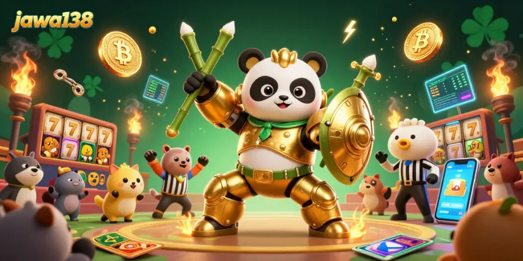 Engaging scene of jawa138 featuring a golden panda in a mech-suit amidst vibrant slot elements and crypto coins.
