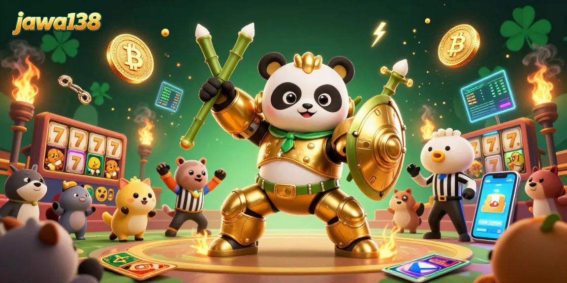 Engaging scene of jawa138 featuring a golden panda in a mech-suit amidst vibrant slot elements and crypto coins.
