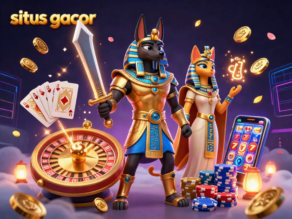 Engage with situs gacor in a vibrant 3D casino scene featuring Anubis and Bastet amidst flying coins and roulette.