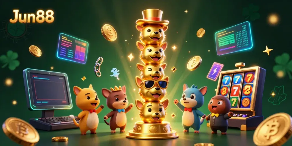 Experience excitement at Jun88 with a vibrant casino-themed 3D illustration showcasing lively characters with slot reels.