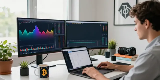 Piteas.trade user engaged in cryptocurrency trading in a modern home office setting.