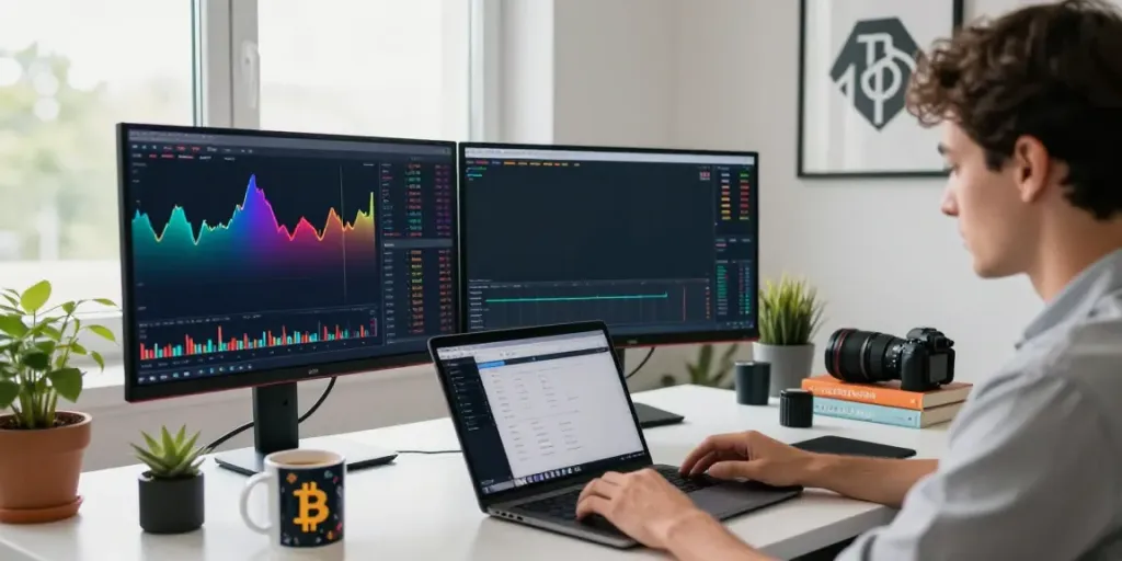 Piteas.trade user engaged in cryptocurrency trading in a modern home office setting.