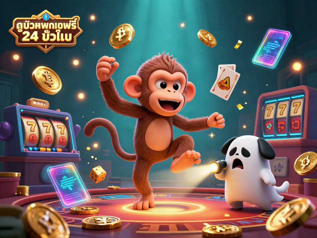 Experience ดูหนังออนไลน์ฟรี 24 ชั่วโมง with a playful ghost monkey juggling golden casino elements in a haunted setting.