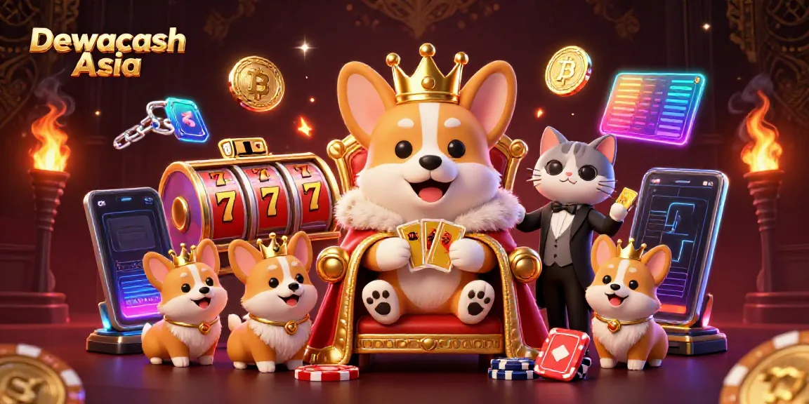 Dewacash Asia showcases a regal corgi on a poker chip throne surrounded by gaming elements.