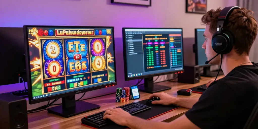 Engaged player at Proplay88, enjoying online slots with vibrant graphics and live RTP data.
