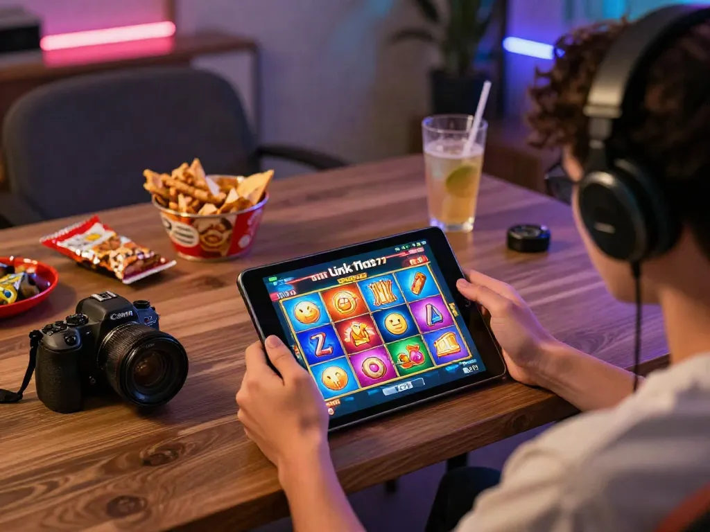 Exciting gaming setup featuring link slot777 with animated slot symbols and player engaged in online gaming.