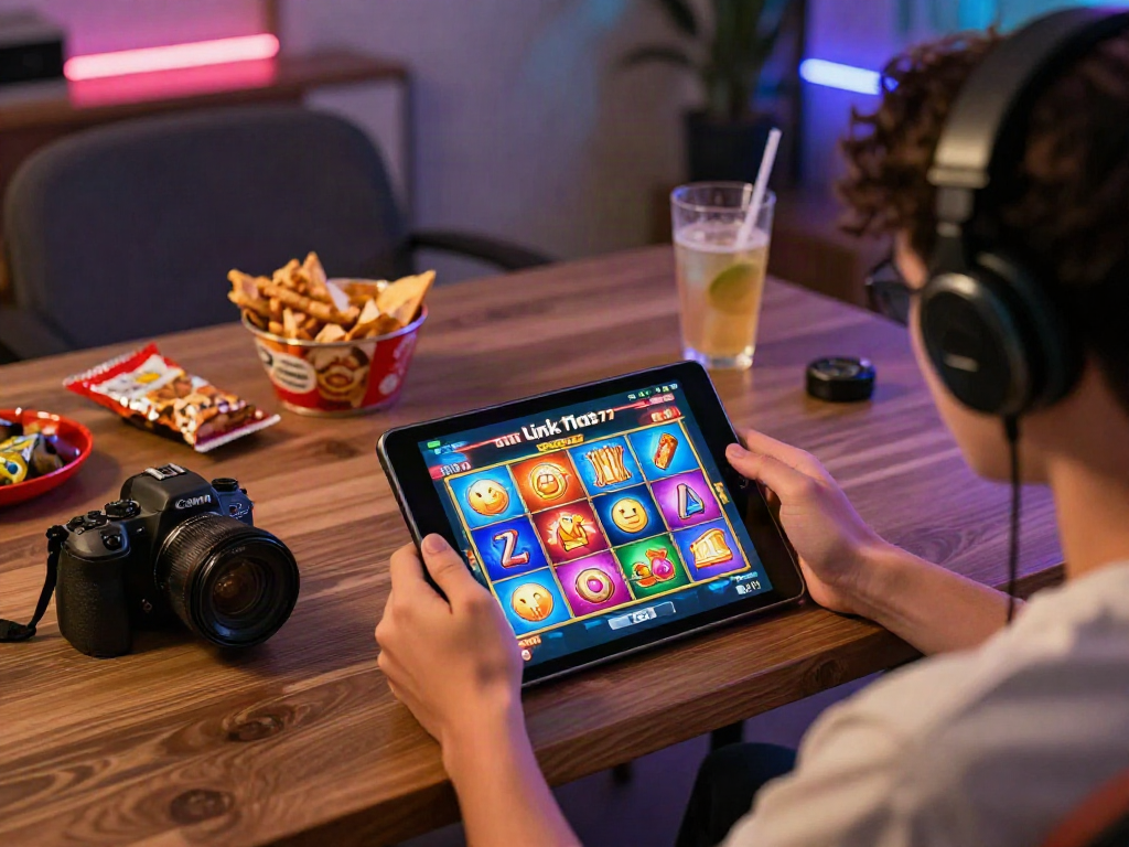 Exciting gaming setup featuring link slot777 with animated slot symbols and player engaged in online gaming.