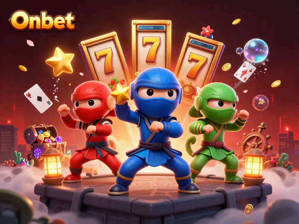 Onbet's vibrant 3D illustration showcases a ninja chameleon team exploring thrilling slot adventures with explosive treasures.