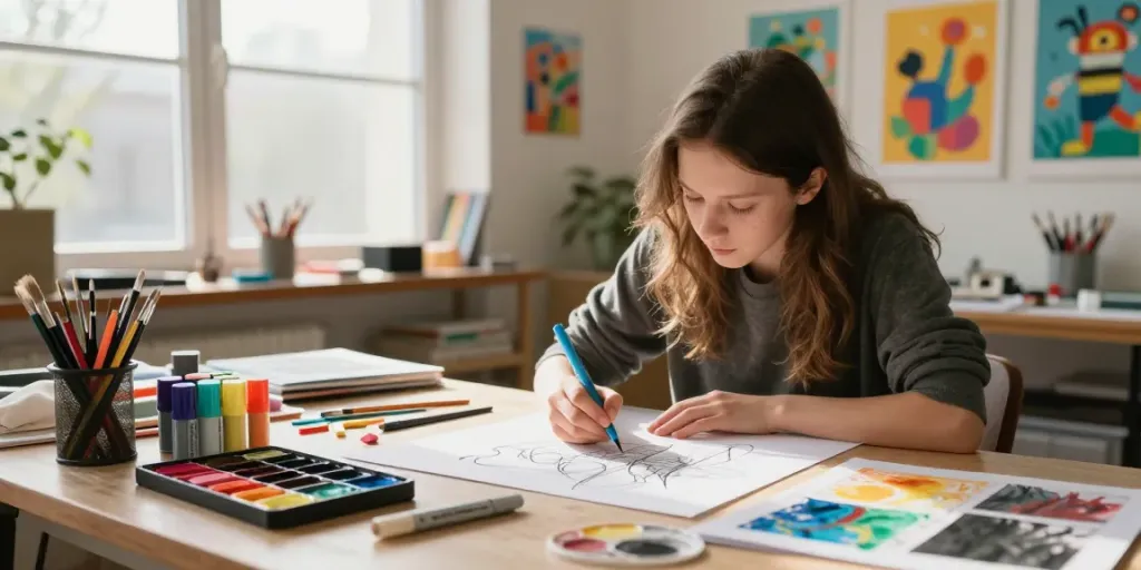 Marker pen supplier showcasing vibrant artwork creation in an art studio.