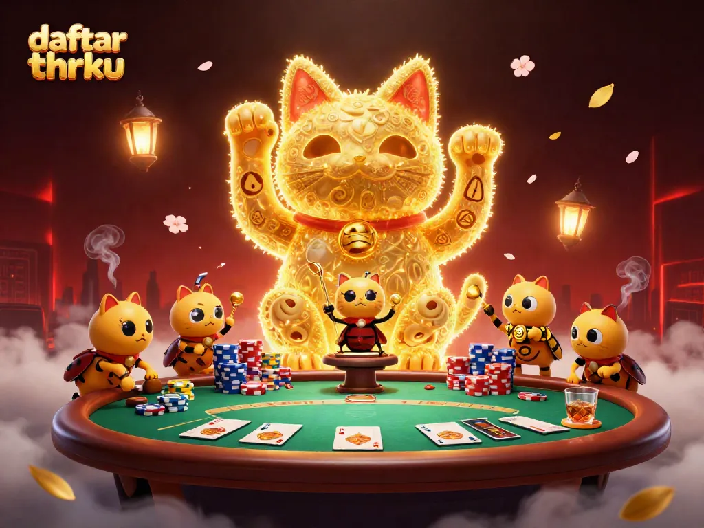 Play and win at daftar thrku, highlighted by a vibrant scene of a lucky cat surrounded by poker elements.