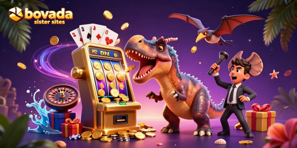 Engage in thrilling jackpots with Bovada sister sites as cartoon characters cheer during a casino win.