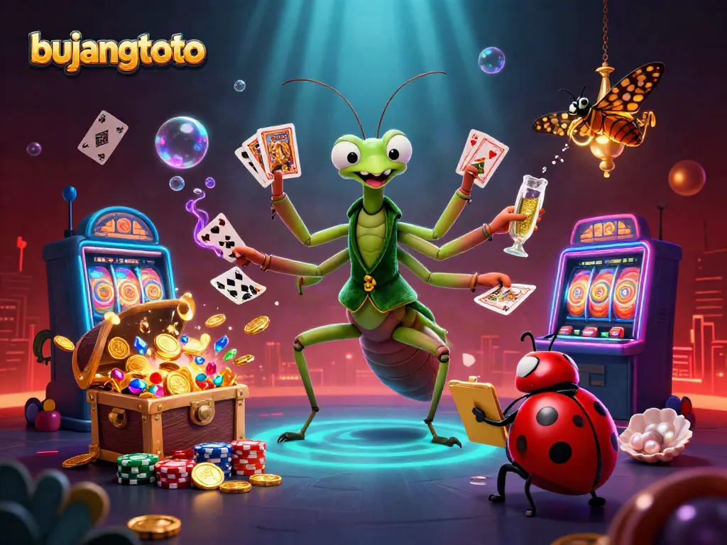 Experience the excitement of bujangtoto slots with a vibrant scene featuring animated casino characters and treasures.