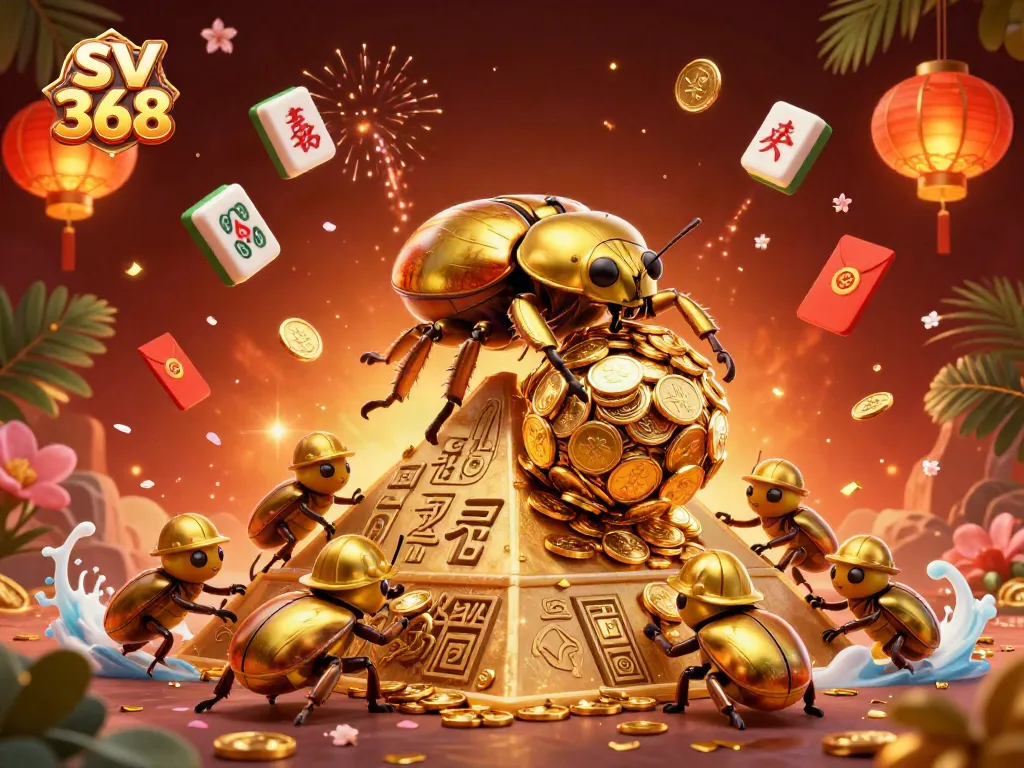 Engage in exciting gameplay at sv 368 with a dynamic illustration featuring golden beetles and casino elements.