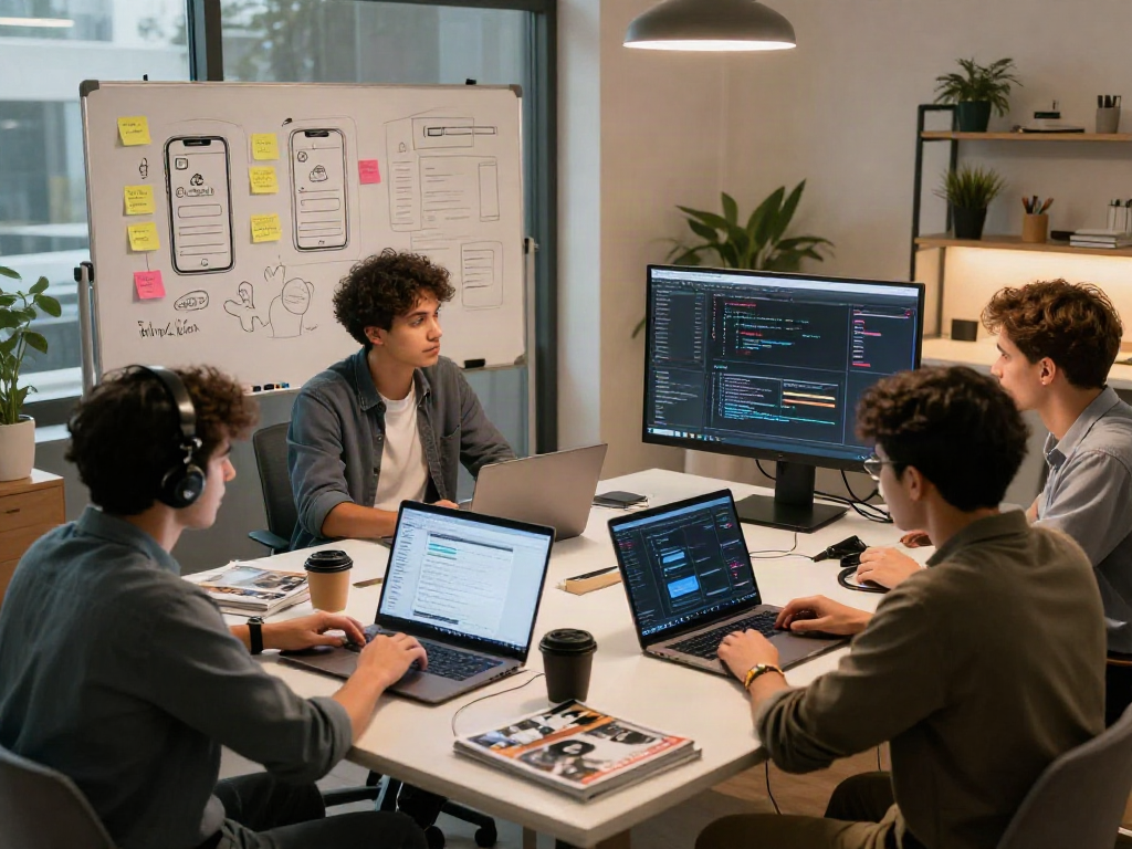 Developers collaborating on filmyzilla APK features in a modern workspace