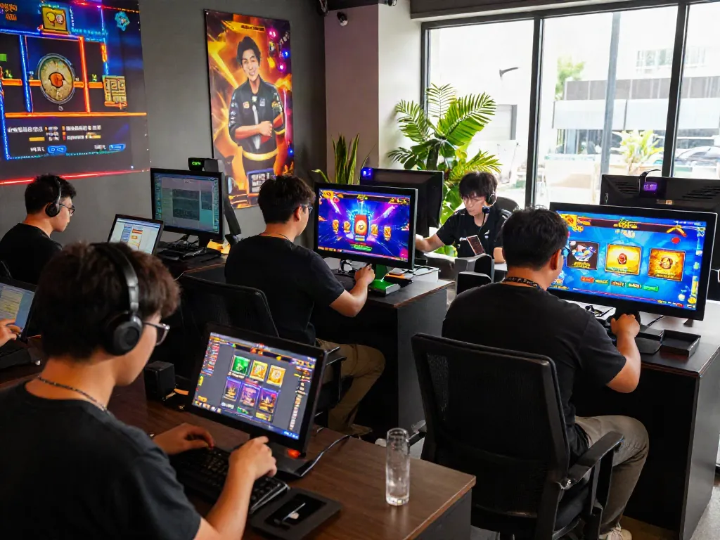 Situs PG - Pemain beragam berinteraksi dengan perangkat seluler dalam suasana permainan slot yang hidup.
