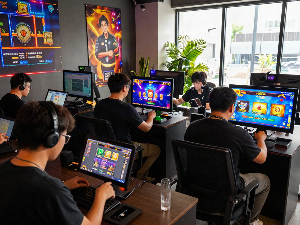 Situs PG - Pemain beragam berinteraksi dengan perangkat seluler dalam suasana permainan slot yang hidup.