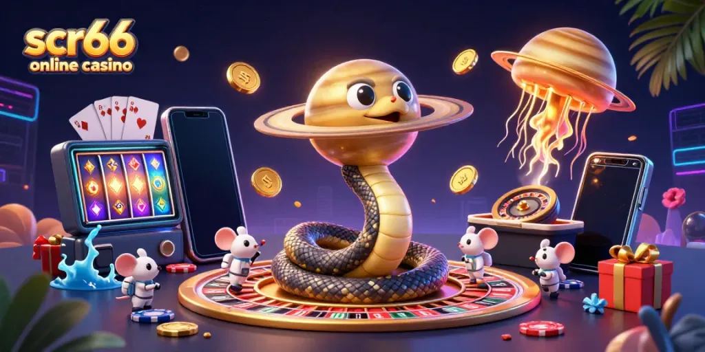 Experience the excitement of scr66 online casino with a vibrant 3D scene of cosmic gaming and bets.