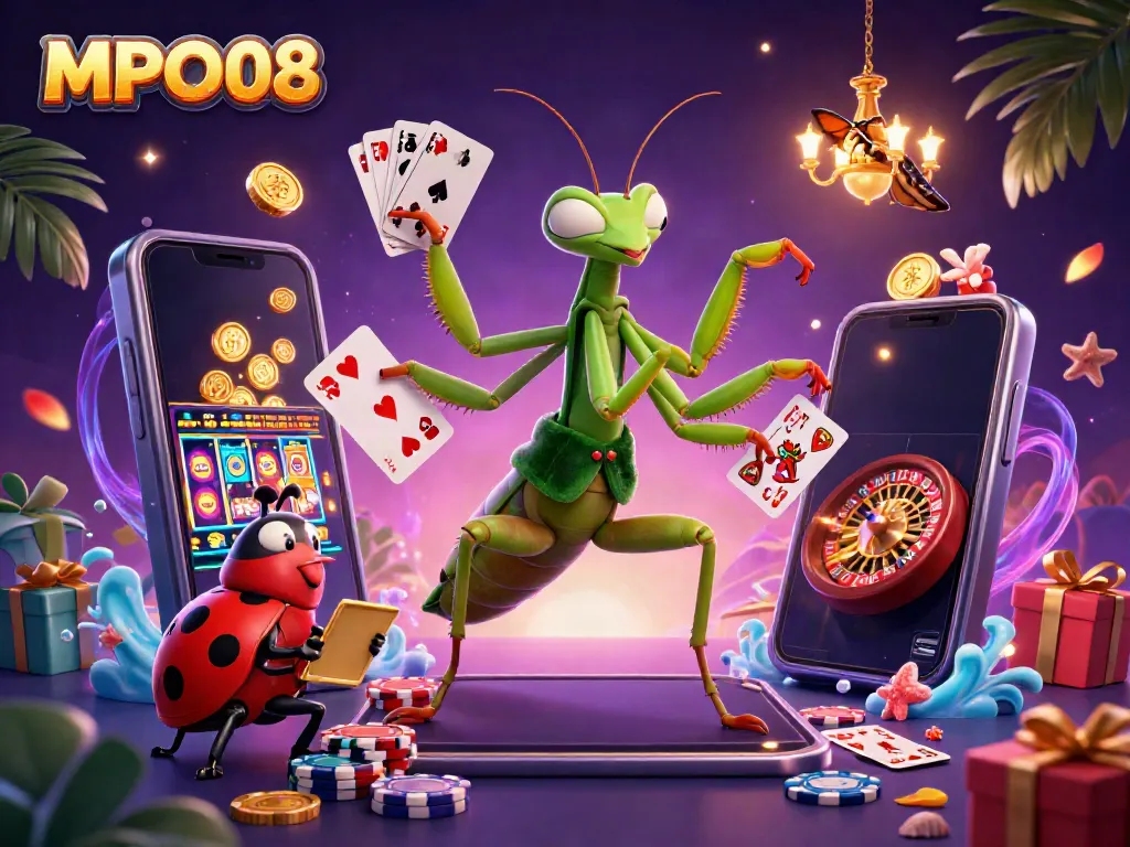 Engage in the vibrant universe of MPO08 with a cartoon giant praying mantis and ladybug pit boss amid animated casino elements.