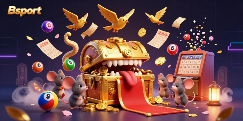 Bsport offers an exciting gambling experience with vibrant 3D visuals of a treasure chest and colorful lottery elements.