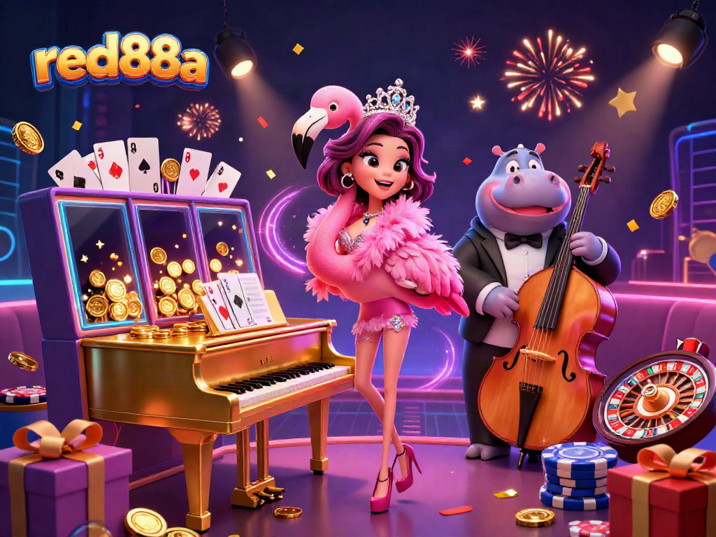 Entertain with red88a's vibrant gaming experience featuring casino characters and dynamic game elements.