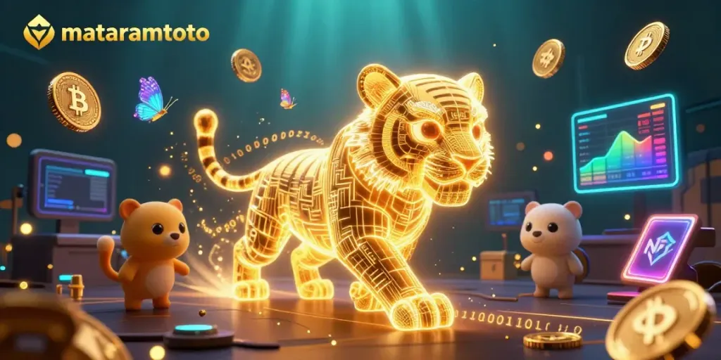 Experience the vibrant energy of mataramtoto in a dynamic digital casino scene with neon characters and crypto elements.