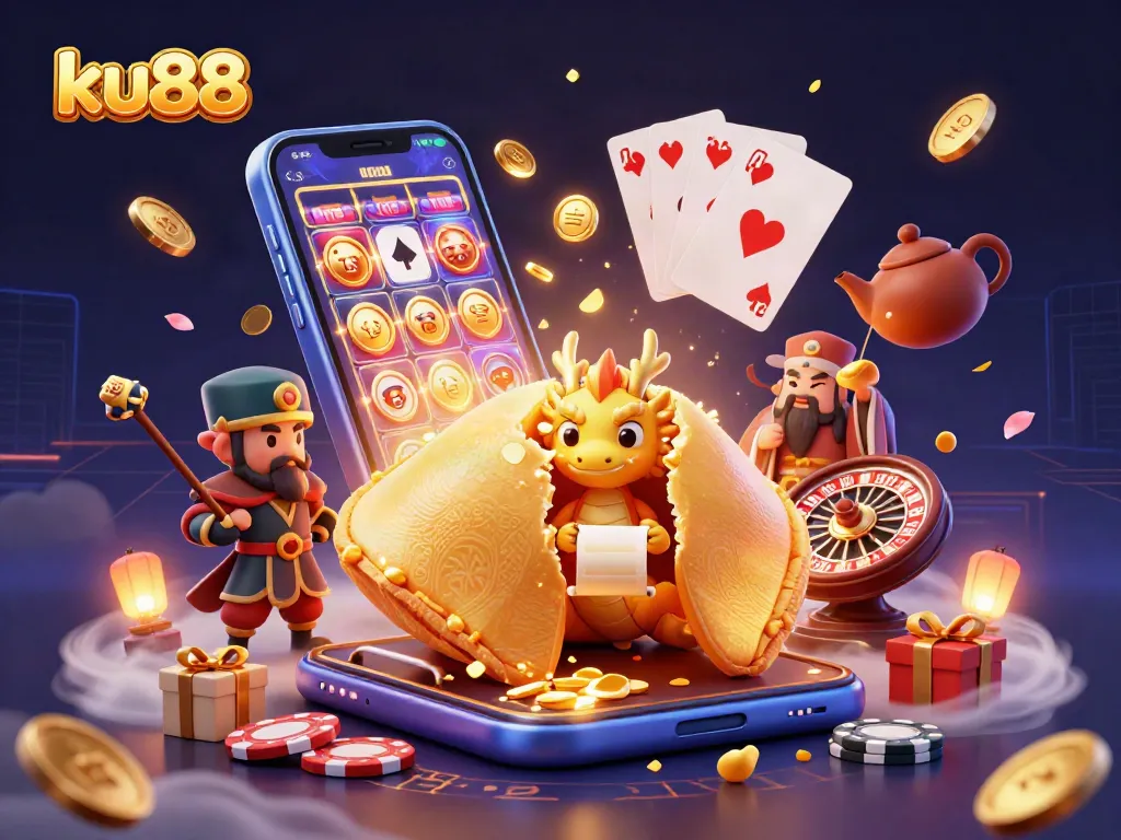Experience thrilling gameplay with ku88’s dynamic casino scene featuring fortune cookie characters.