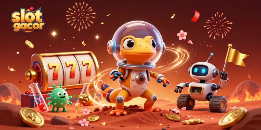 Play exciting slots with the vibrant martian gecko at a golden casino in the cosmos.