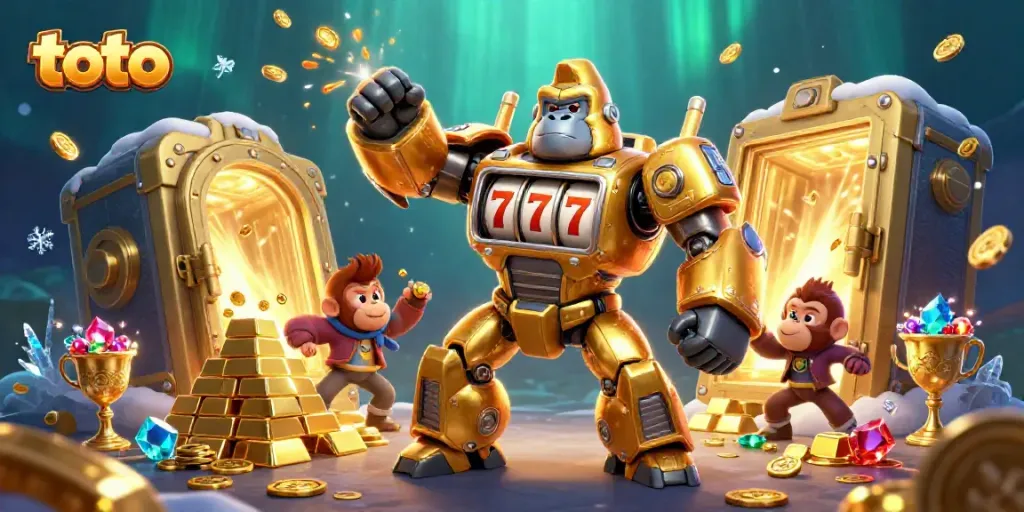 Experience excitement with toto as a golden gorilla mech explodes into coins in a casino
