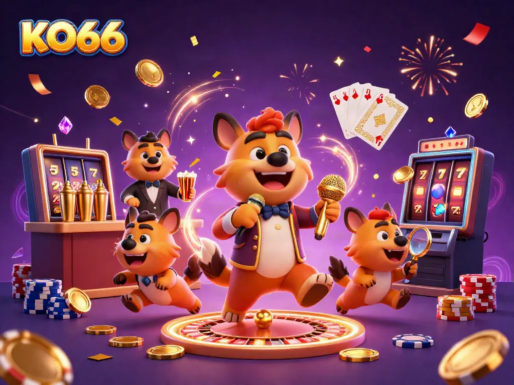 Engaging scene of KO66 featuring hyenas as casino characters in a vibrant comedy setting.