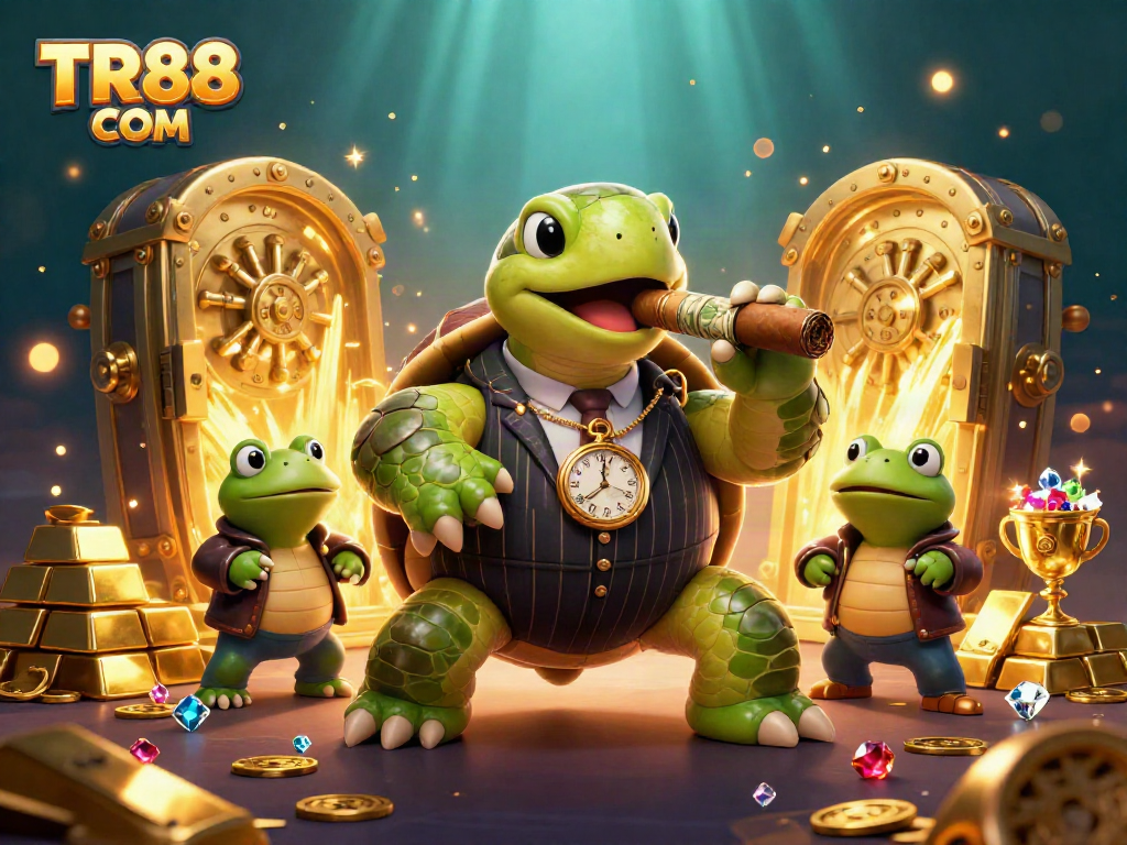 Experience the excitement of TR88 COM with this vibrant illustration featuring a massive turtle and bullfrog enforcers in a treasure vault.