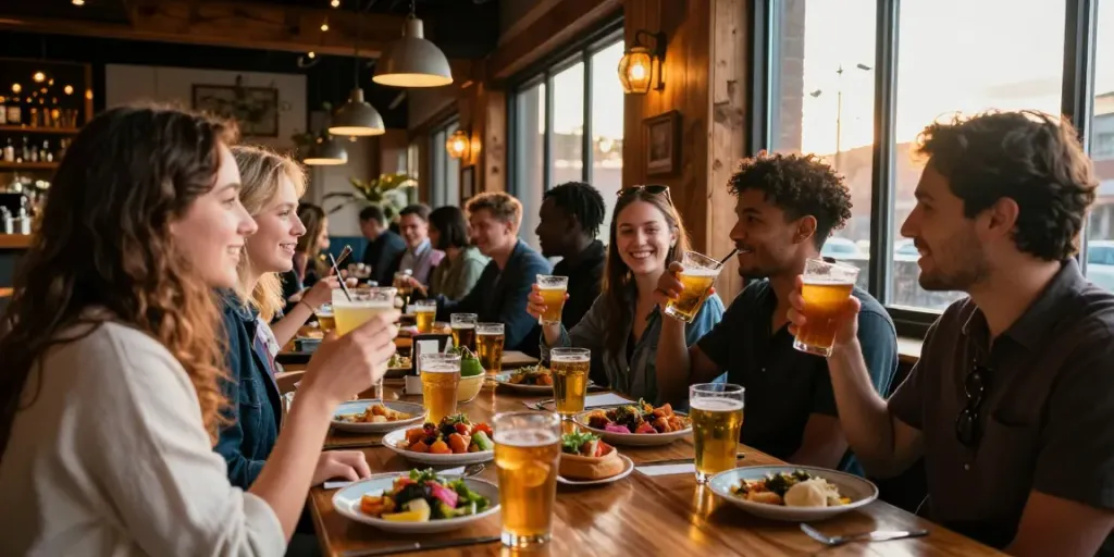 Suasana makan malam yang hidup di The Keg Room NYC, dengan teman menikmati makanan dan minuman.