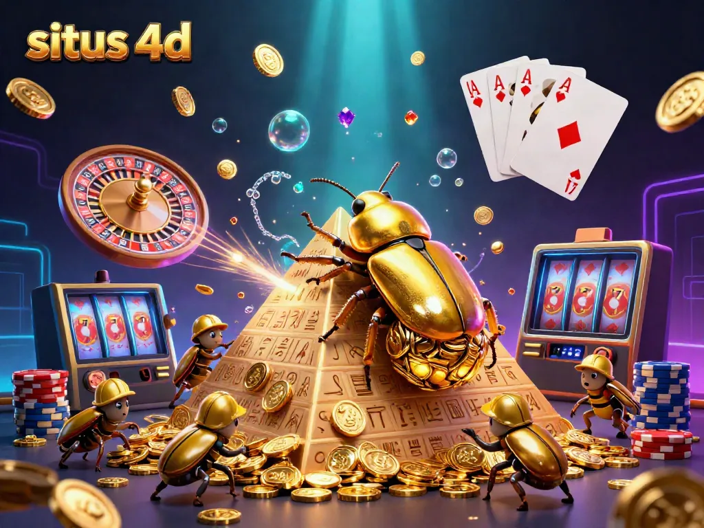 This vibrant 3D illustration promotes the situs 4d experience, showcasing dynamic casino elements with a golden beetle rolling coins.