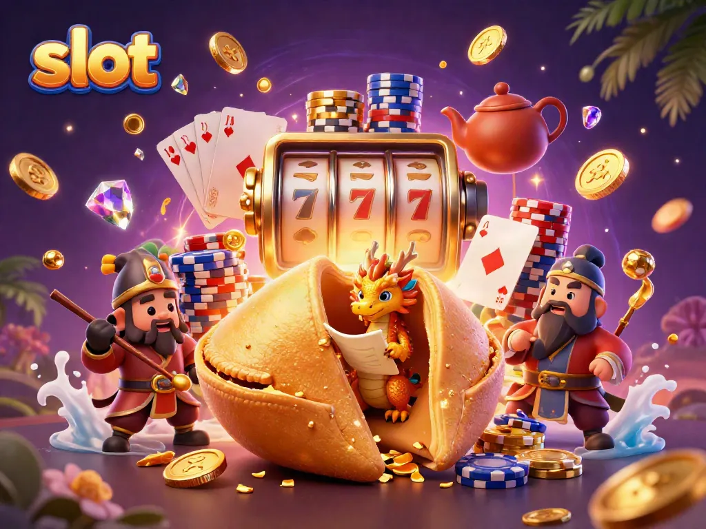 Slot permainan yang menarik dengan karakter naga dan kue keberuntungan yang magis.