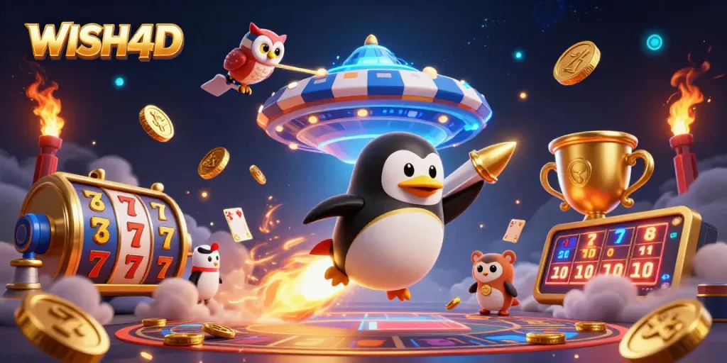 Engaging gameplay with WISH4D as a golden penguin races toward a vibrant casino.