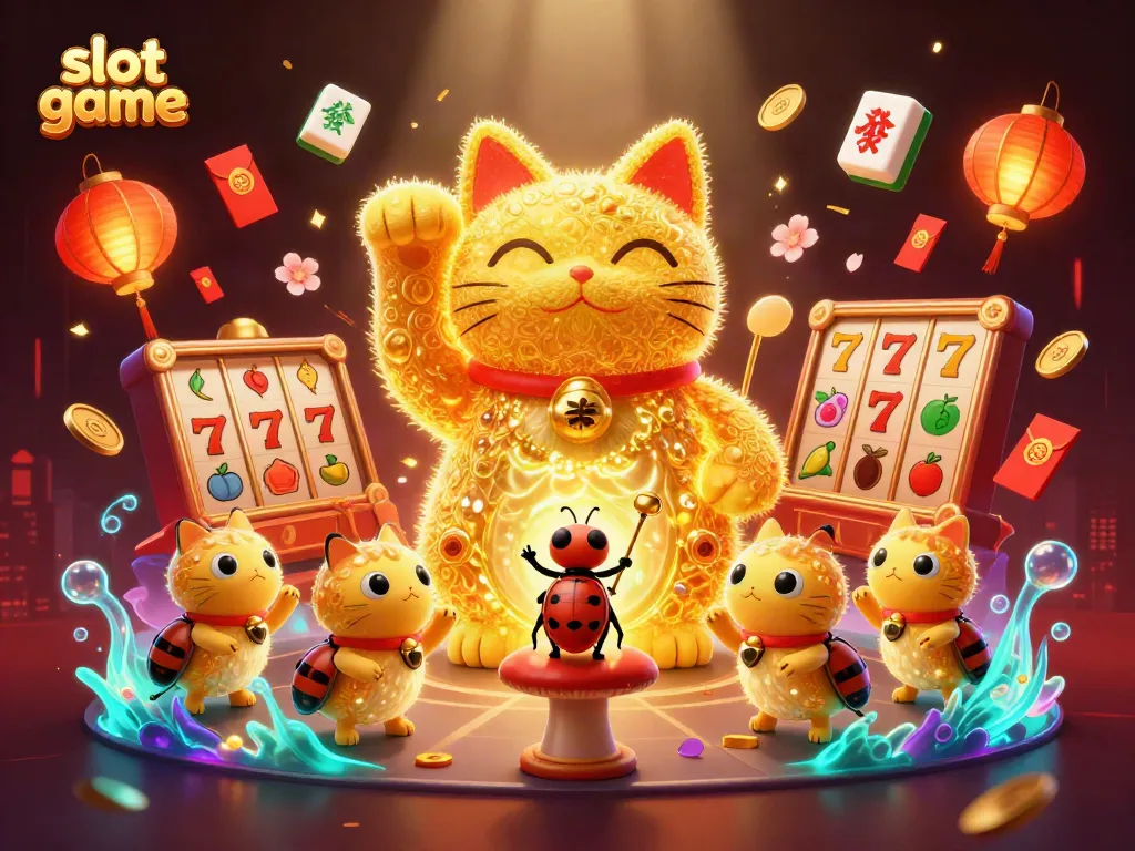 Experience thrilling slot game action with a whimsical lucky cat surrounded by vibrant symbols and festive elements.